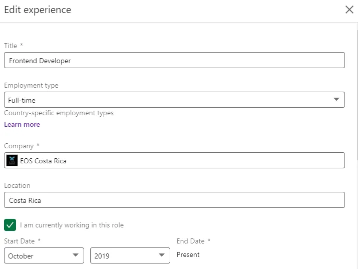 Form to edit the experience in LinkedIn